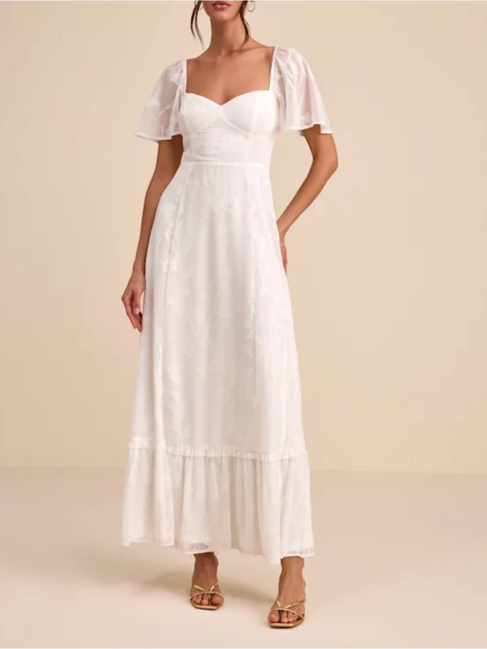 NWT Lulus Tailor Made For You White Jacquard Lace-Up Short Sleeve Maxi Dress